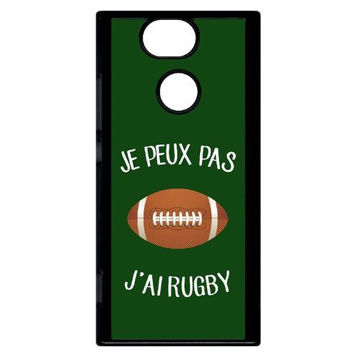 Coque Pour Smartphone - Je Peux Pas J Ai Rugby Ballon Fond Vert - Compatible Avec Sony Xperia Xa2 - Plastique - Bord Noir