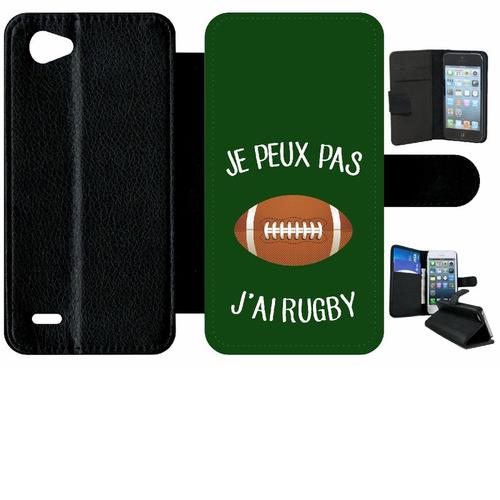 Etui A Rabat - Je Peux Pas J Ai Rugby Ballon Fond Vert - Compatible Avec Lg Q6 - Plastique - Bord Noir