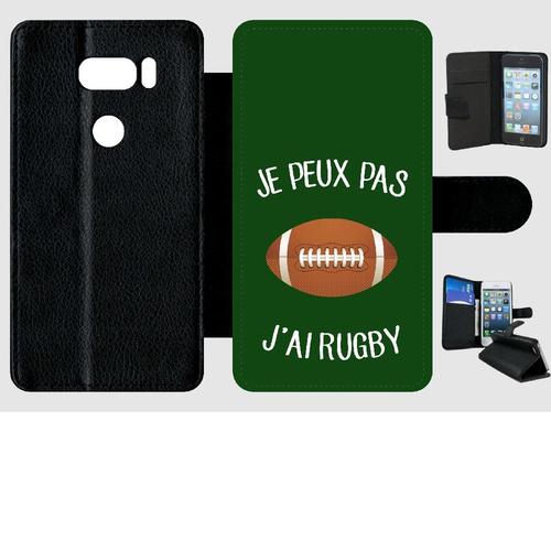 Etui A Rabat - Je Peux Pas J Ai Rugby Ballon Fond Vert - Compatible Avec Lg V30 - Simili-Cuir - Bord Noir