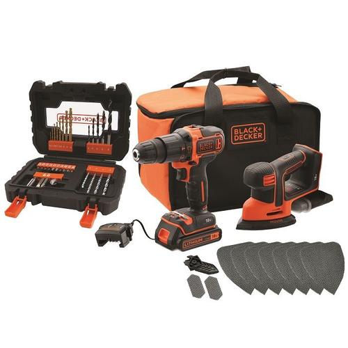 Black & Decker 18V Combo-Kit: Perceuse à percussion, Ponceuse-Mouse, Set d'accessoires - BCK23S1SA41