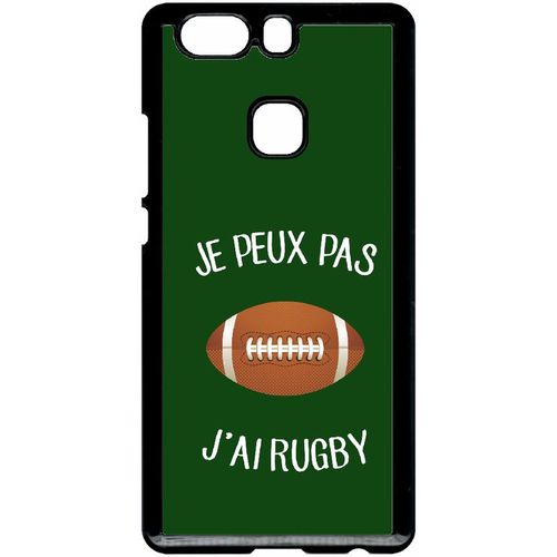 Coque Pour Smartphone - Je Peux Pas J Ai Rugby Ballon Fond Vert - Compatible Avec Huawei Ascend P9+ - Plastique - Bord Noir
