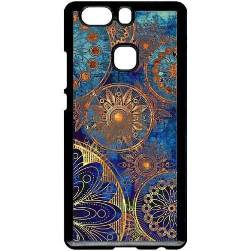Coque Pour Smartphone - Ornements Or Et Bleu Nuit - Compatible Avec Huawei Ascend P9+ - Plastique - Bord Noir