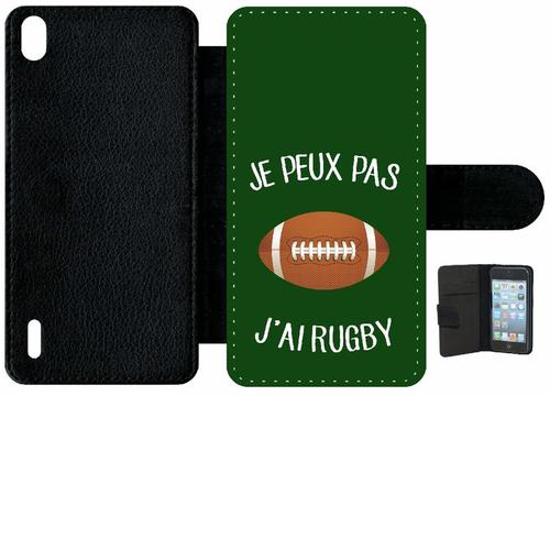 Etui A Rabat - Je Peux Pas J Ai Rugby Ballon Fond Vert - Compatible Avec Huawei Ascend P7 - Simili-Cuir - Bord Noir