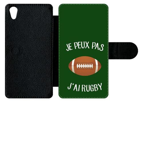 Etui À Rabat Xperia Z5 - Je Peux Pas J Ai Rugby Ballon Fond Vert - Simili-Cuir - Noir