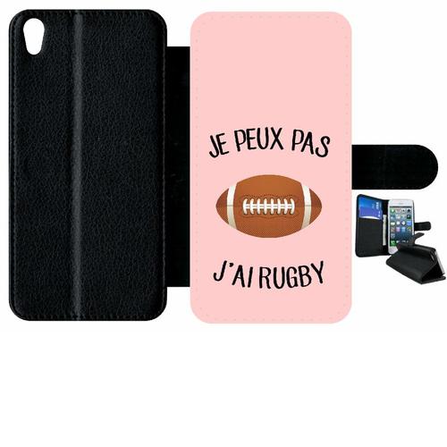 Etui À Rabat Xperia Xa - Je Peux Pas J Ai Rugby Ballon Fond Rose - Simili-Cuir - Noir