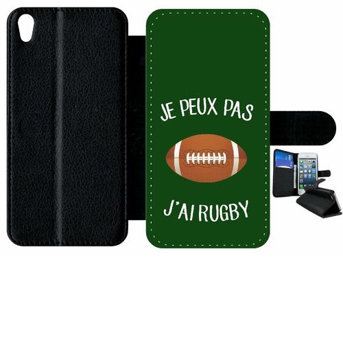 Etui À Rabat Xperia Xa - Je Peux Pas J Ai Rugby Ballon Fond Vert - Simili-Cuir - Noir