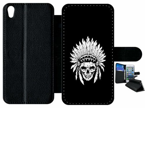 Etui À Rabat Xperia Xa - Tete De Mort Coiffe Indienne Noir Et Blanc - Simili-Cuir - Noir