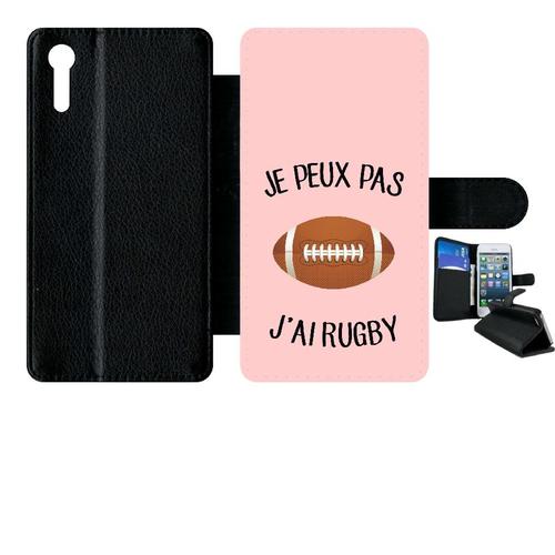 Etui À Rabat Xperia Xz - Je Peux Pas J Ai Rugby Ballon Fond Rose - Simili-Cuir - Noir