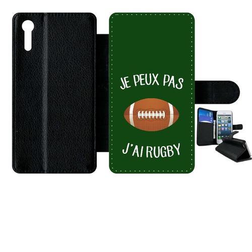 Etui À Rabat Xperia Xz - Je Peux Pas J Ai Rugby Ballon Fond Vert - Simili-Cuir - Noir