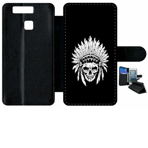 Etui A Rabat - Tete De Mort Coiffe Indienne Noir Et Blanc - Compatible Avec Huawei Ascend P9 - Plastique - Bord Noir