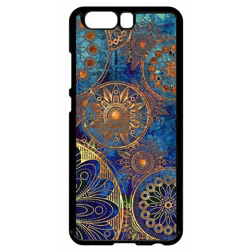 Coque Pour Smartphone - Ornements Or Et Bleu Nuit - Compatible Avec Huawei Ascend P10 - Plastique - Bord Noir