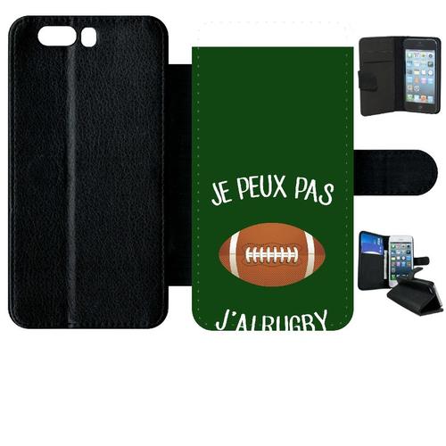 Etui A Rabat - Je Peux Pas J Ai Rugby Ballon Fond Vert - Compatible Avec Huawei Ascend P10+ - Simili-Cuir - Bord Noir