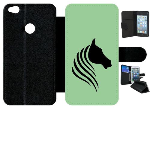 Etui A Rabat - Cheval Fond Vert - Compatible Avec Huawei P8 Lite (2017) - Simili-Cuir - Bord Noir