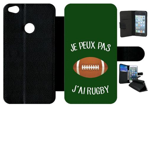 Etui A Rabat - Je Peux Pas J Ai Rugby Ballon Fond Vert - Compatible Avec Huawei P8 Lite (2017) - Plastique - Bord Noir