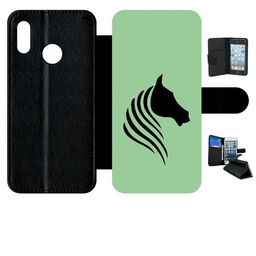 Etui A Rabat - Cheval Fond Vert - Compatible Avec Huawei P20 Lite - Simili-Cuir - Bord Noir