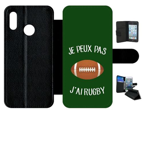 Etui A Rabat - Je Peux Pas J Ai Rugby Ballon Fond Vert - Compatible Avec Huawei P20 Lite - Simili-Cuir - Bord Noir