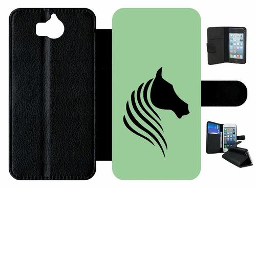 Etui A Rabat - Cheval Fond Vert - Compatible Avec Huawei Y5 (2017) - Simili-Cuir - Bord Noir