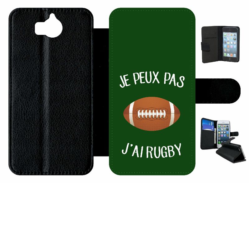 Etui A Rabat - Je Peux Pas J Ai Rugby Ballon Fond Vert - Compatible Avec Huawei Y5 (2017) - Simili-Cuir - Bord Noir