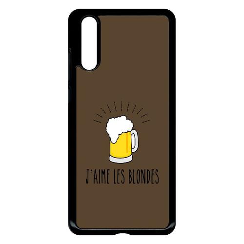 Coque Pour Smartphone - J Aime Les Blondes Biere Fond Brun - Compatible Avec Huawei P20 - Plastique - Bord Noir