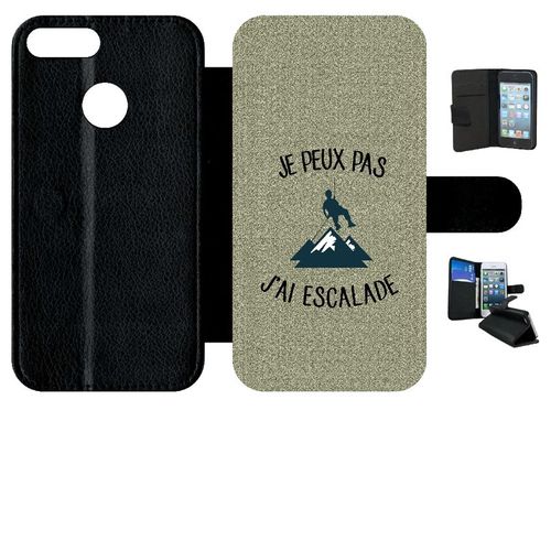 Etui A Rabat - Je Peux Pas J Ai Escalade Fond Texture Gris - Compatible Avec Honor 9 Lite - Simili-Cuir - Bord Noir