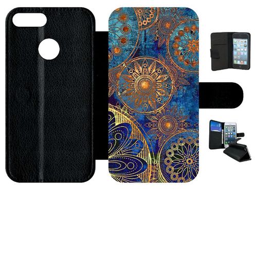 Etui A Rabat - Ornements Or Et Bleu Nuit - Compatible Avec Honor 9 Lite - Simili-Cuir - Bord Noir