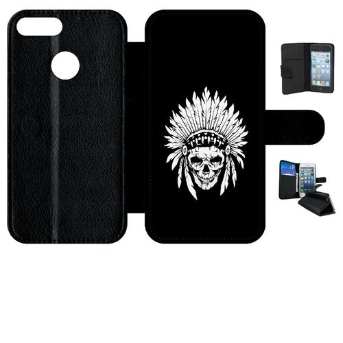 Etui A Rabat - Tete De Mort Coiffe Indienne Noir Et Blanc - Compatible Avec Honor 9 Lite - Simili-Cuir - Bord Noir