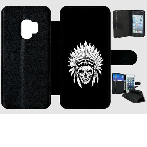 Etui A Rabat - Tete De Mort Coiffe Indienne Noir Et Blanc - Compatible Avec Samsung Galaxy S9 - Simili-Cuir - Bord Noir