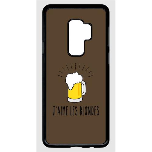 Coque Pour Smartphone - J Aime Les Blondes Biere Fond Brun - Compatible Avec Samsung Galaxy S9+ - Plastique - Bord Noir