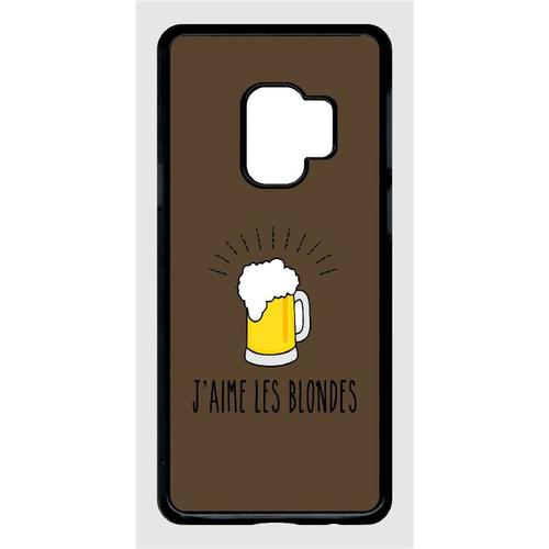 Coque Pour Smartphone - J Aime Les Blondes Biere Fond Brun - Compatible Avec Samsung Galaxy S9 - Plastique - Bord Noir