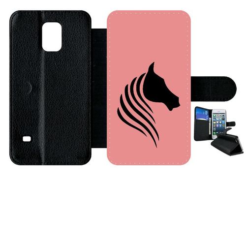 Etui A Rabat - Cheval Fond Rose - Compatible Avec Samsung Galaxy S5 - Simili-Cuir - Bord Noir