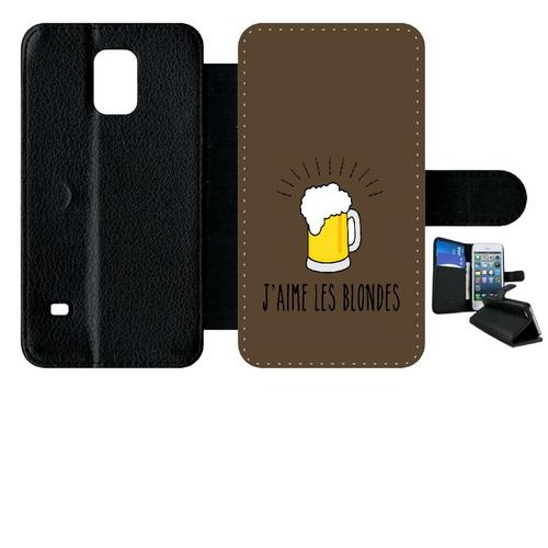 Etui A Rabat - J Aime Les Blondes Biere Fond Brun - Compatible Avec Samsung Galaxy S5 - Simili-Cuir - Bord Noir