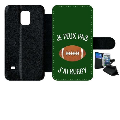 Etui A Rabat - Je Peux Pas J Ai Rugby Ballon Fond Vert - Compatible Avec Samsung Galaxy S5 - Simili-Cuir - Bord Noir