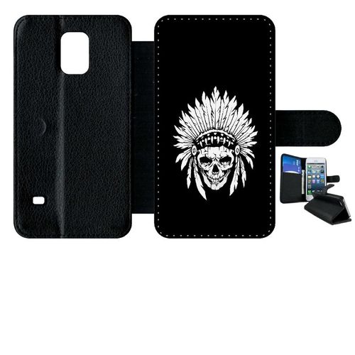 Etui A Rabat - Tete De Mort Coiffe Indienne Noir Et Blanc - Compatible Avec Samsung Galaxy S5 - Simili-Cuir - Bord Noir