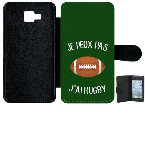 Etui À Rabat Galaxy A9 (2016) - Je Peux Pas J Ai Rugby Ballon Fond Vert - Simili-Cuir - Noir