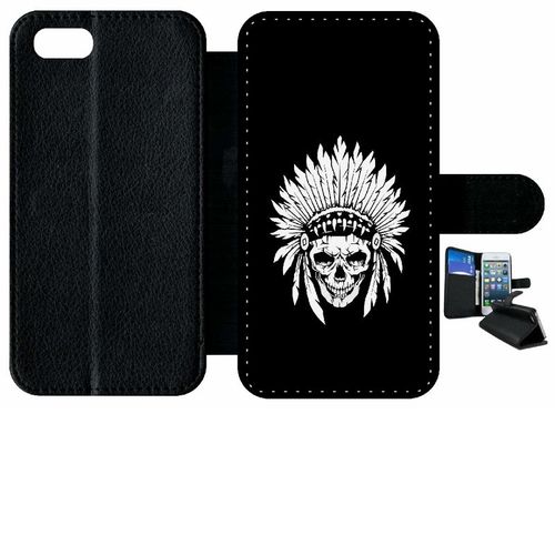 Etui A Rabat - Tete De Mort Coiffe Indienne Noir Et Blanc - Compatible Avec Apple Iphone 7 - Simili-Cuir - Bord Noir