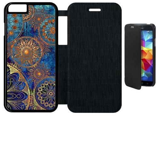 Etui A Flip Flap - Ornements Or Et Bleu Nuit - Compatible Avec Apple Iphone 6s - Plastique - Bord Noir