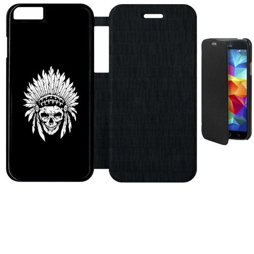 Etui A Flip Flap - Tete De Mort Coiffe Indienne Noir Et Blanc - Compatible Avec Apple Iphone 6s - Plastique - Bord Noir