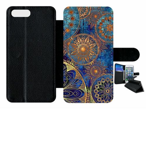 Etui A Rabat - Ornements Or Et Bleu Nuit - Compatible Avec Apple Iphone 8 Plus - Plastique - Bord Noir