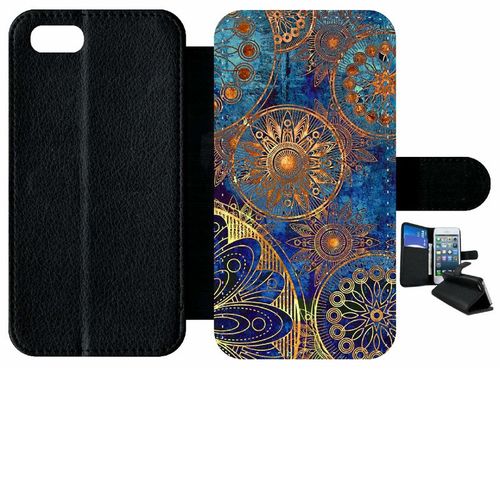 Etui A Rabat - Ornements Or Et Bleu Nuit - Compatible Avec Apple Iphone 8 - Simili-Cuir - Bord Noir