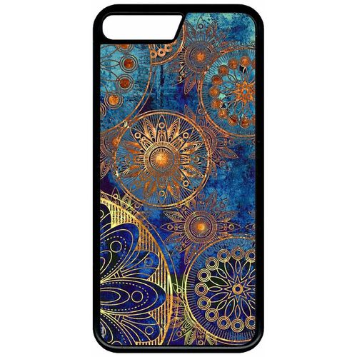 Coque Pour Smartphone - Ornements Or Et Bleu Nuit - Compatible Avec Apple Iphone 8+ - Plastique - Bord Noir