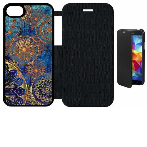 Etui A Flip Flap - Ornements Or Et Bleu Nuit - Compatible Avec Apple Iphone 8 - Plastique - Bord Noir