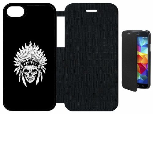 Etui A Flip Flap - Tete De Mort Coiffe Indienne Noir Et Blanc - Compatible Avec Apple Iphone 8 - Plastique - Bord Noir