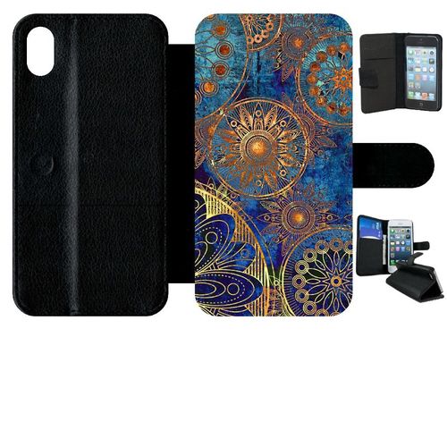 Etui A Rabat - Ornements Or Et Bleu Nuit - Compatible Avec Apple Iphone Xr - Simili-Cuir - Bord Noir