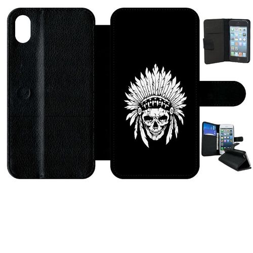 Etui A Rabat - Tete De Mort Coiffe Indienne Noir Et Blanc - Compatible Avec Apple Iphone Xr - Simili-Cuir - Bord Noir