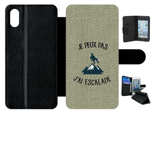 Etui A Rabat - Je Peux Pas J Ai Escalade Fond Texture Gris - Compatible Avec Apple Iphone Xs Max - Simili-Cuir - Bord Noir