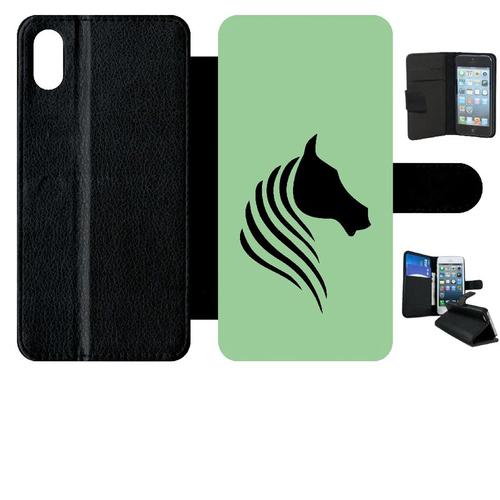 Etui A Rabat - Cheval Fond Vert - Compatible Avec Apple Iphone Xs Max - Simili-Cuir - Bord Noir