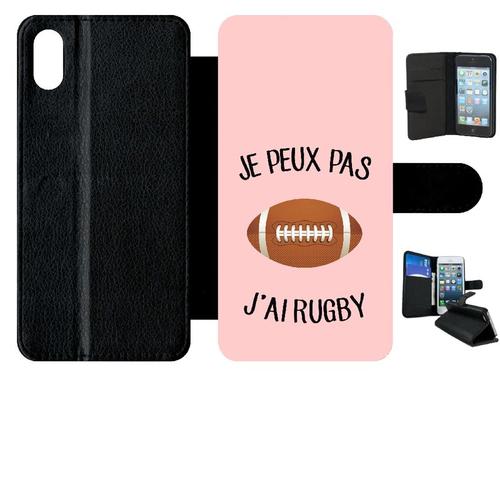 Etui A Rabat - Je Peux Pas J Ai Rugby Ballon Fond Rose - Compatible Avec Apple Iphone Xs Max - Simili-Cuir - Bord Noir