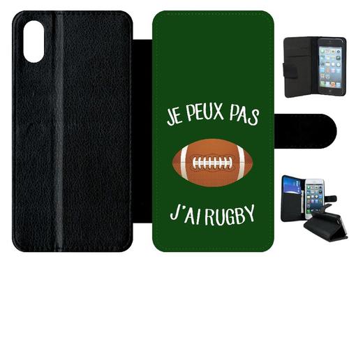 Etui A Rabat - Je Peux Pas J Ai Rugby Ballon Fond Vert - Compatible Avec Apple Iphone Xs Max - Simili-Cuir - Bord Noir