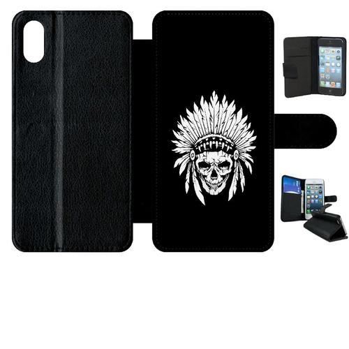 Etui A Rabat - Tete De Mort Coiffe Indienne Noir Et Blanc - Compatible Avec Apple Iphone Xs Max - Simili-Cuir - Bord Noir