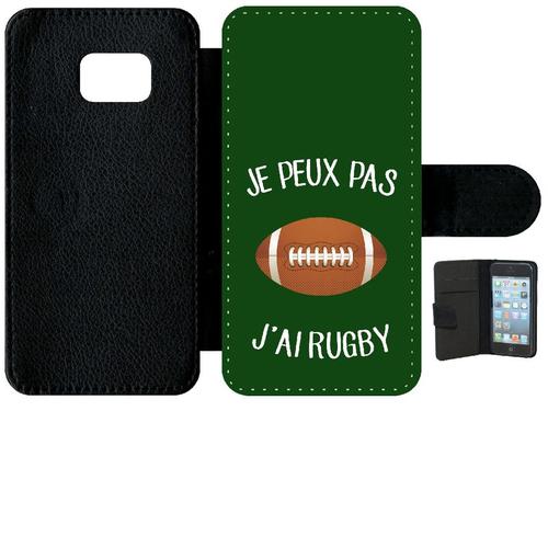 Etui À Rabat Galaxy S6 Edge - Je Peux Pas J Ai Rugby Ballon Fond Vert - Simili-Cuir - Noir